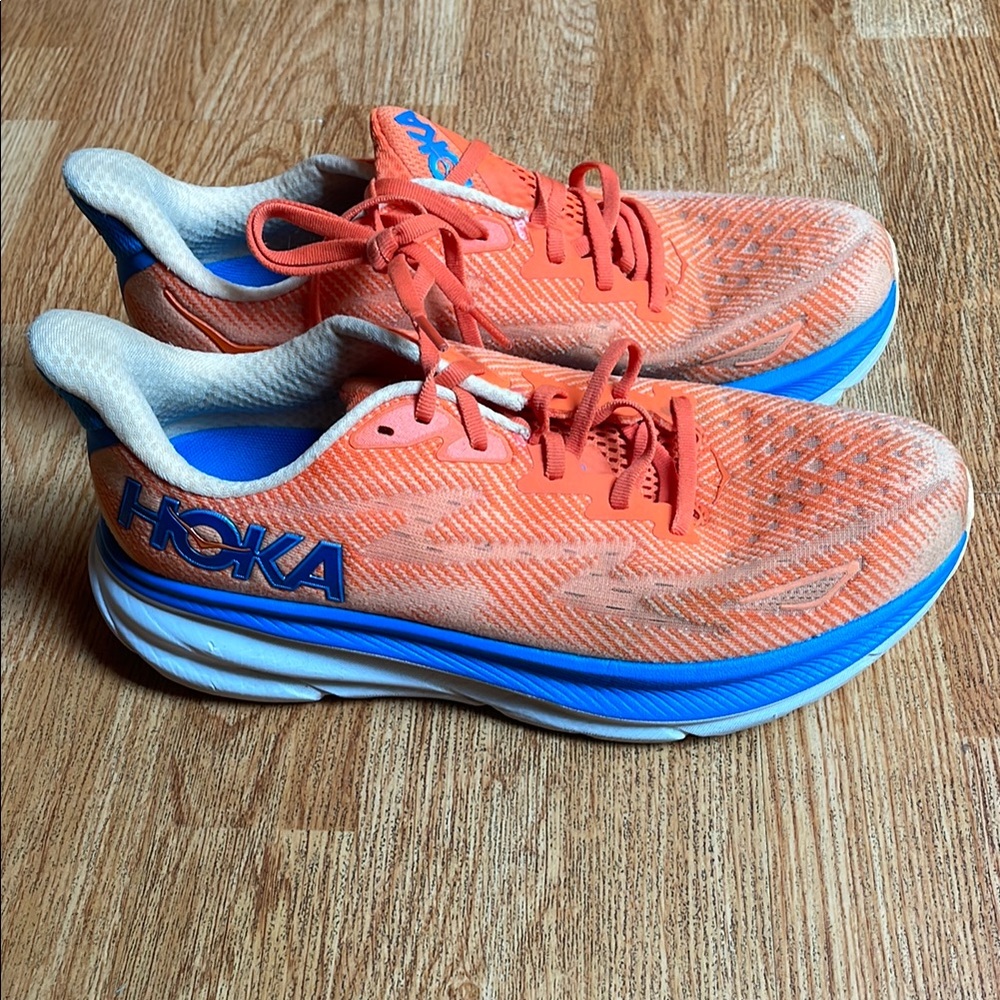 Hoka Vibrant Coral and Cobalt Sneakers